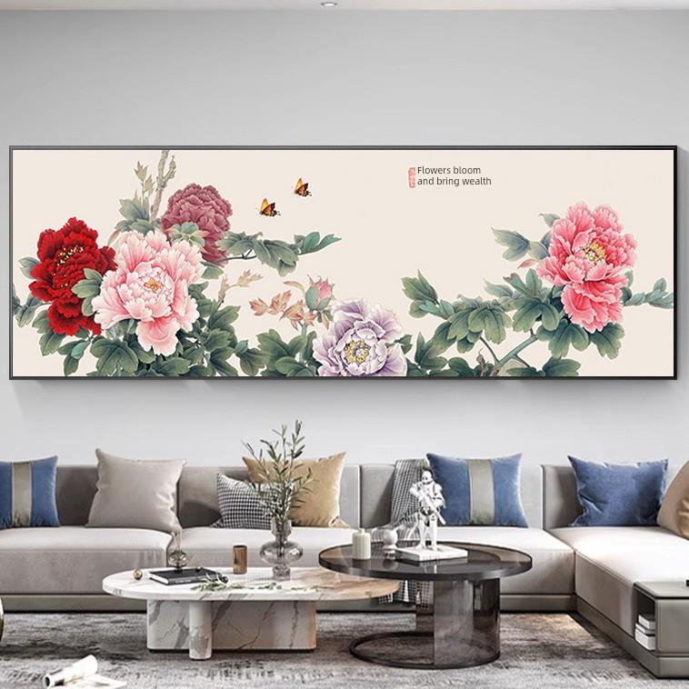 盛开的财富客厅挂画新中国风装饰画牡丹花画卧室横向挂画沙发背景