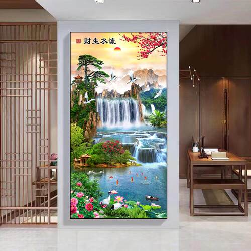流水生财玄关山水画轻奢入户进门过道尽头装饰画现代竖版走廊挂画