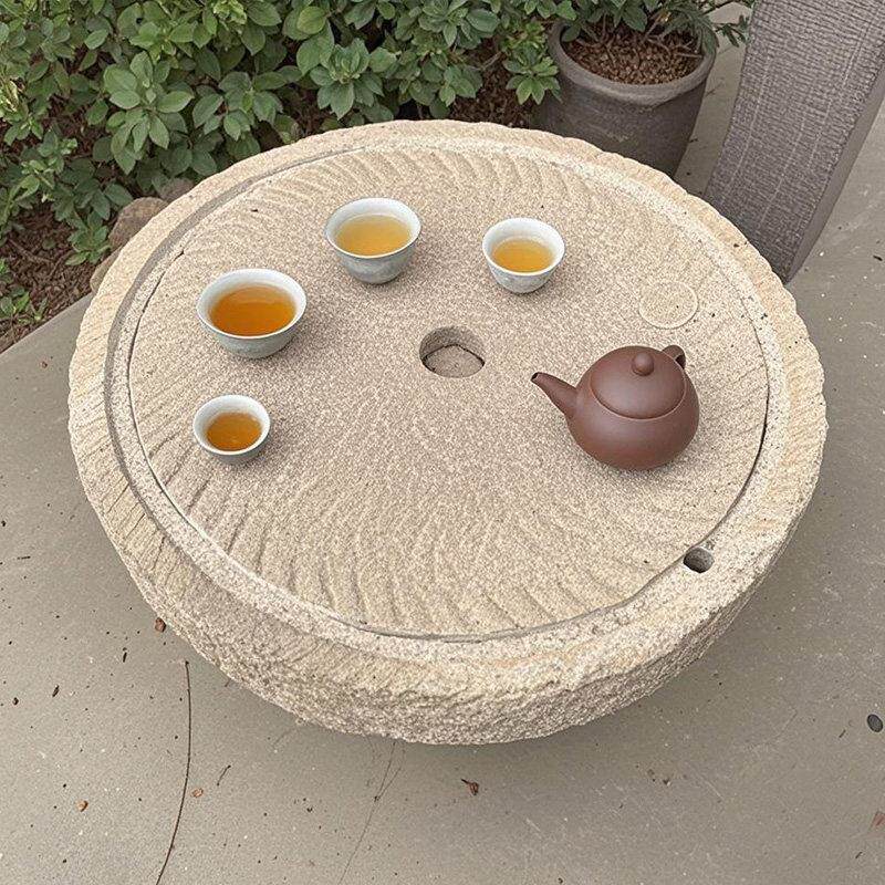 石头旧石磨茶盘木架圆形庭院户外覆古茶桌摆件老物件石雕茶桌石槽