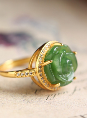 熹瑞S925纯银镀金和田玉碧玉玫瑰花戒指轻奢微镶气质女款开口