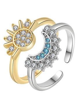 欧美新款饰品简约铜镶锆石日月同辉叠戴开口戒指指环女生高级感