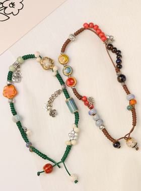 新款编制 古风复古民族风手链 文艺时尚小众陶瓷饰品手工双圈