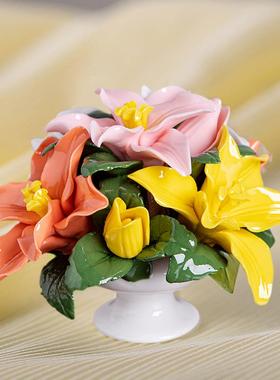 陶瓷手工牡丹花玫瑰小花篮装饰品迷你摆件小盆景客厅桌面女生送礼