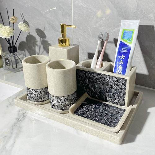 漱格轻奢卫浴五件套洗漱套装浴室用品洗手台托盘洗手间漱口杯摆件