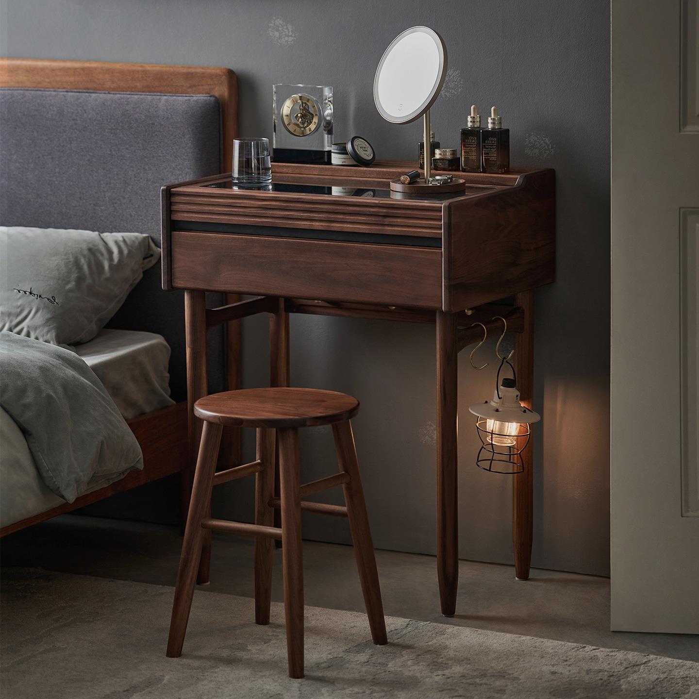 北美黑胡桃木梳妆台小型中古书桌一体小户型卧室收纳实木化妆桌子