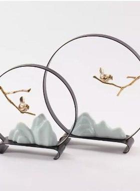 新中式假山摆件鸟笼客厅玄关酒柜样板房办公室酒店创意装饰品摆件