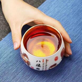 八骏图茶杯主人杯24k鎏金八骏马茶杯男士单杯八马金杯茶盏