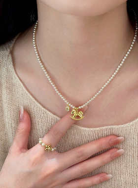 碎冰冰小马钱币吊坠珍珠项链