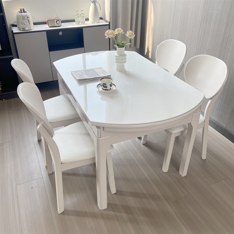大理石餐桌椅组合家用可伸缩可变圆桌高级法式奶油风白色实木饭桌