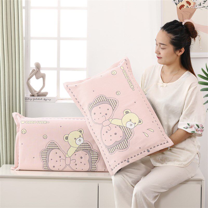 纱布纯棉儿童枕套按扣款枕头套透气吸汗幼儿园学生枕芯套38*58cm