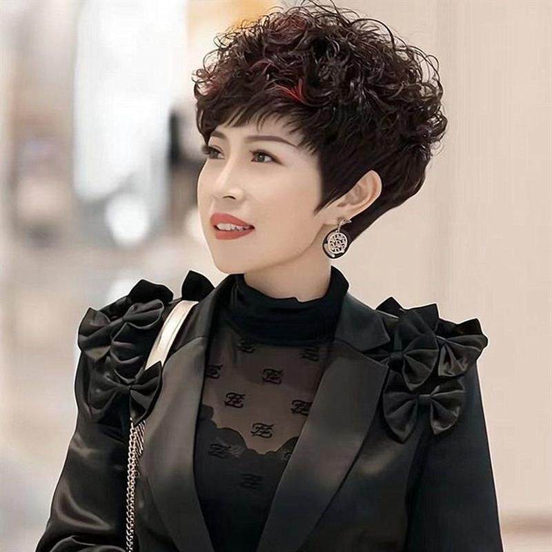假发全头套女真人发丝短发真发自然中老年女士短卷发妈妈款假发套