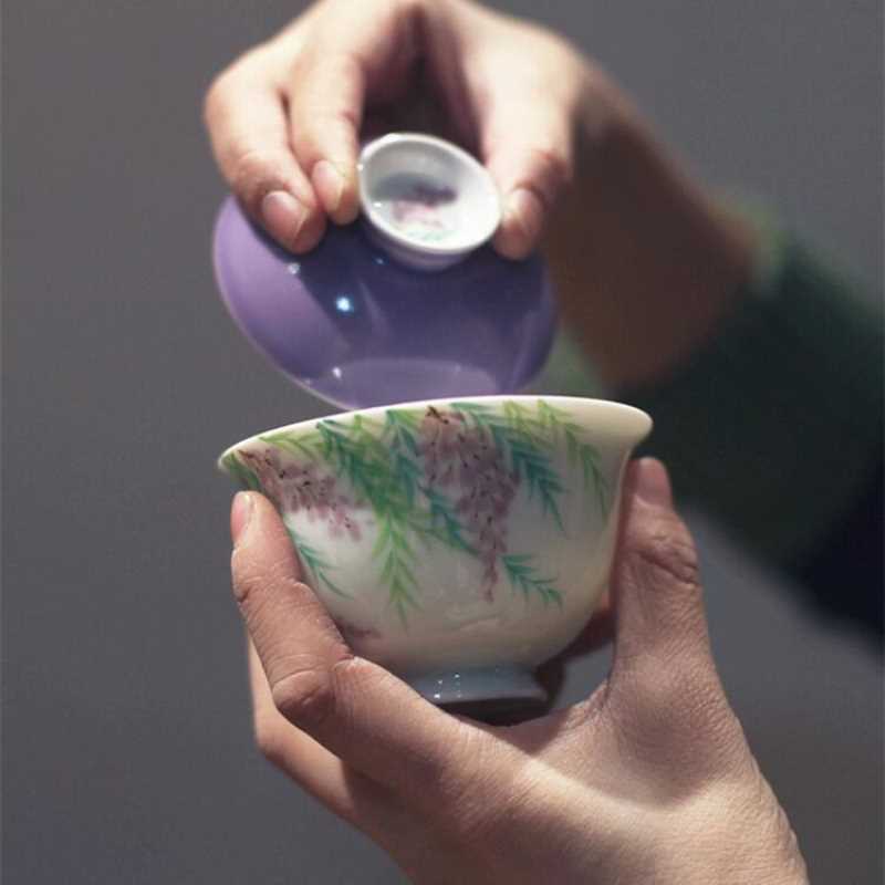 《紫藤花》木槿紫清欢薄胎盖碗 釉下彩 手绘 茶具高温陶瓷 二才