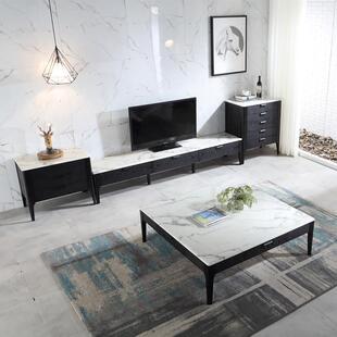 北欧岩板茶几茶几电视柜大坪数极简白蜡木正方形现代客厅实木家俱