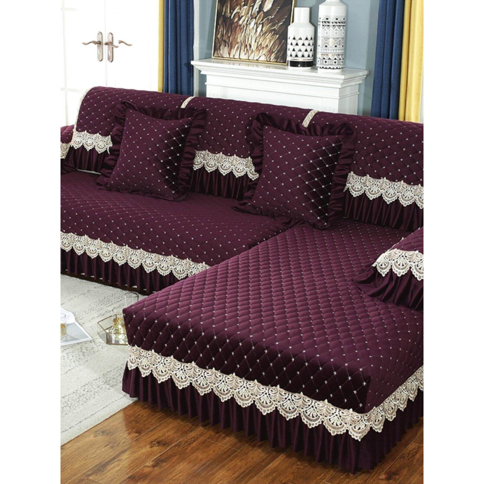 毛绒沙发靠垫紫色防滑靠垫欧式加厚织物靠垫客厅扶手毛巾枕套枕头