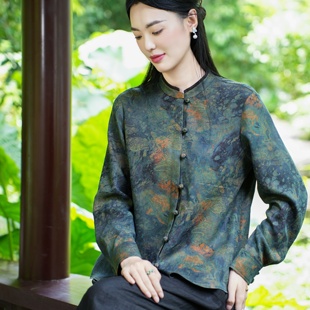 【35MM香云纱】觅萝香原创春 绢纺老料 祥云纹油彩立领盘扣衬衫女