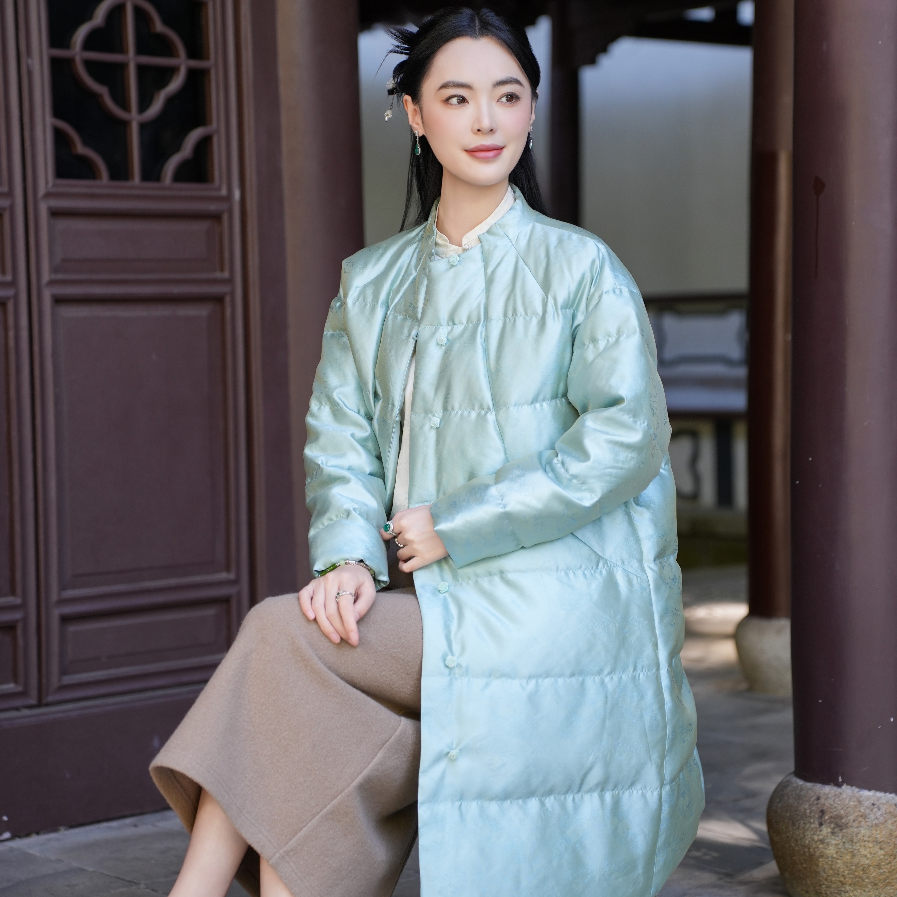 【26MM浮光锦 90白鹅绒】觅萝香原创冬 立领落肩长袖中长款羽绒服