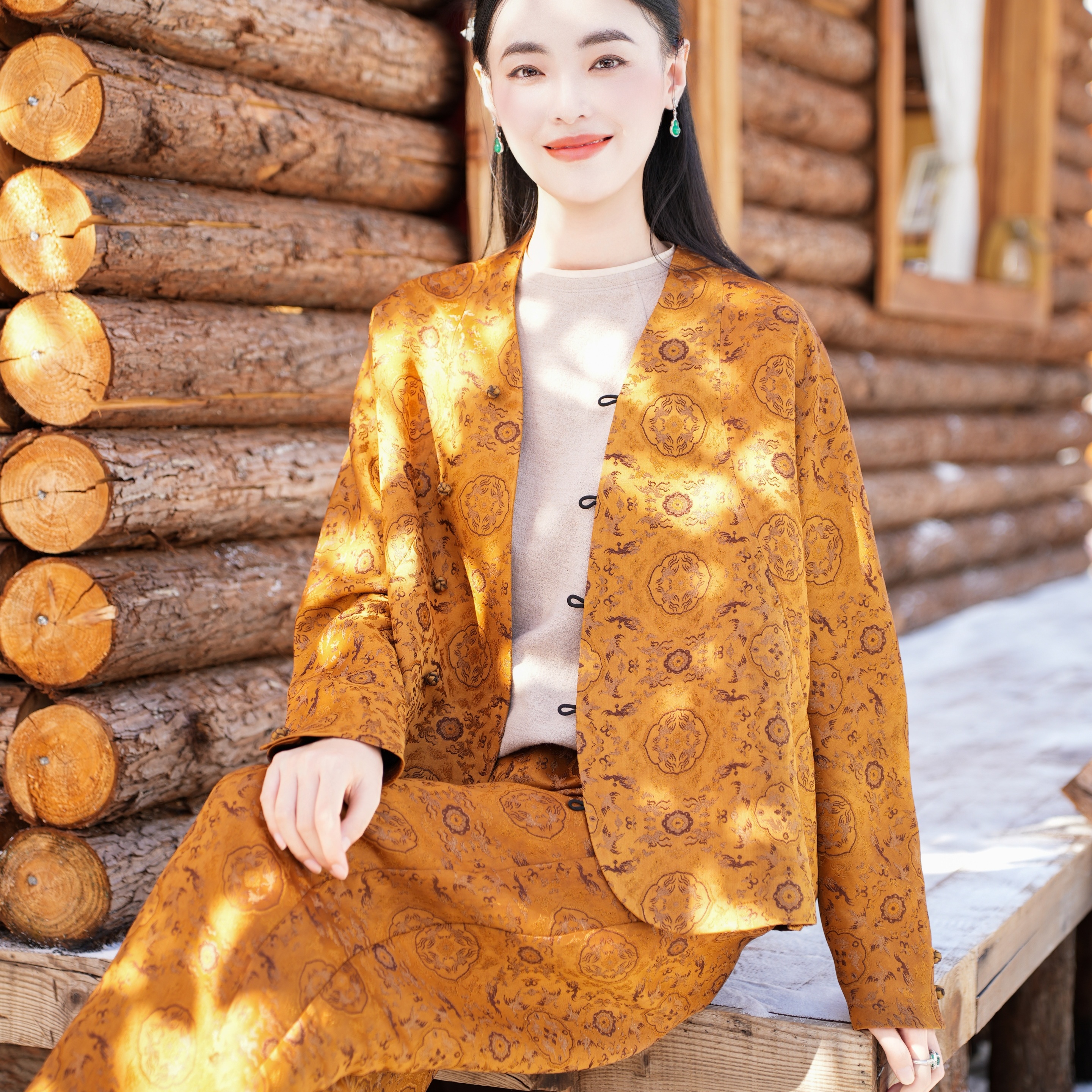 【50MM 铁木机老料锦缎香云纱】觅萝香原创设计 V领长袖 中式外套