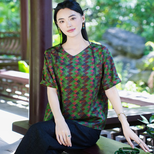 【25MM香云纱 二经绞罗】觅萝香新中式 红云纱云纹V领短袖衬衫女