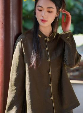 【25MM香云纱】觅萝香原创新中式衬衫女2025年秋红罗立领长袖上衣