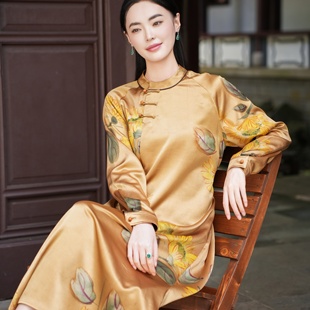 珠扣长袖 觅萝香原创设计秋 重缎手绘老料 连衣裙女 40MM香云纱