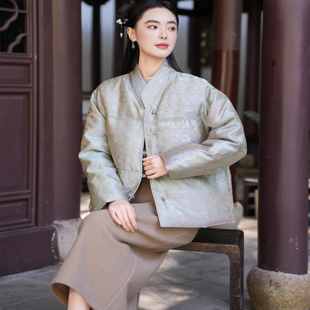 觅萝香冬 立领对襟 珠扣 短款 90白鹅绒 长袖 羽绒服 26MM浮光锦