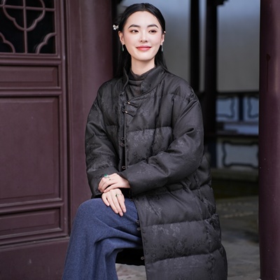 【26MM香云纱 90白鹅绒】觅萝香原创冬 二经绞罗中长款中式羽绒服