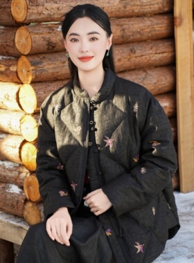 【25MM香云纱 90白鹅绒】觅萝香原创 龟纹 绣花 长袖中式羽绒服女