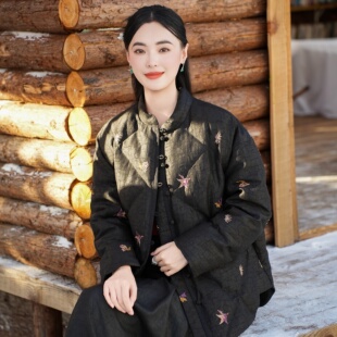 【25MM香云纱 90白鹅绒】觅萝香原创 龟纹 绣花 长袖中式羽绒服女