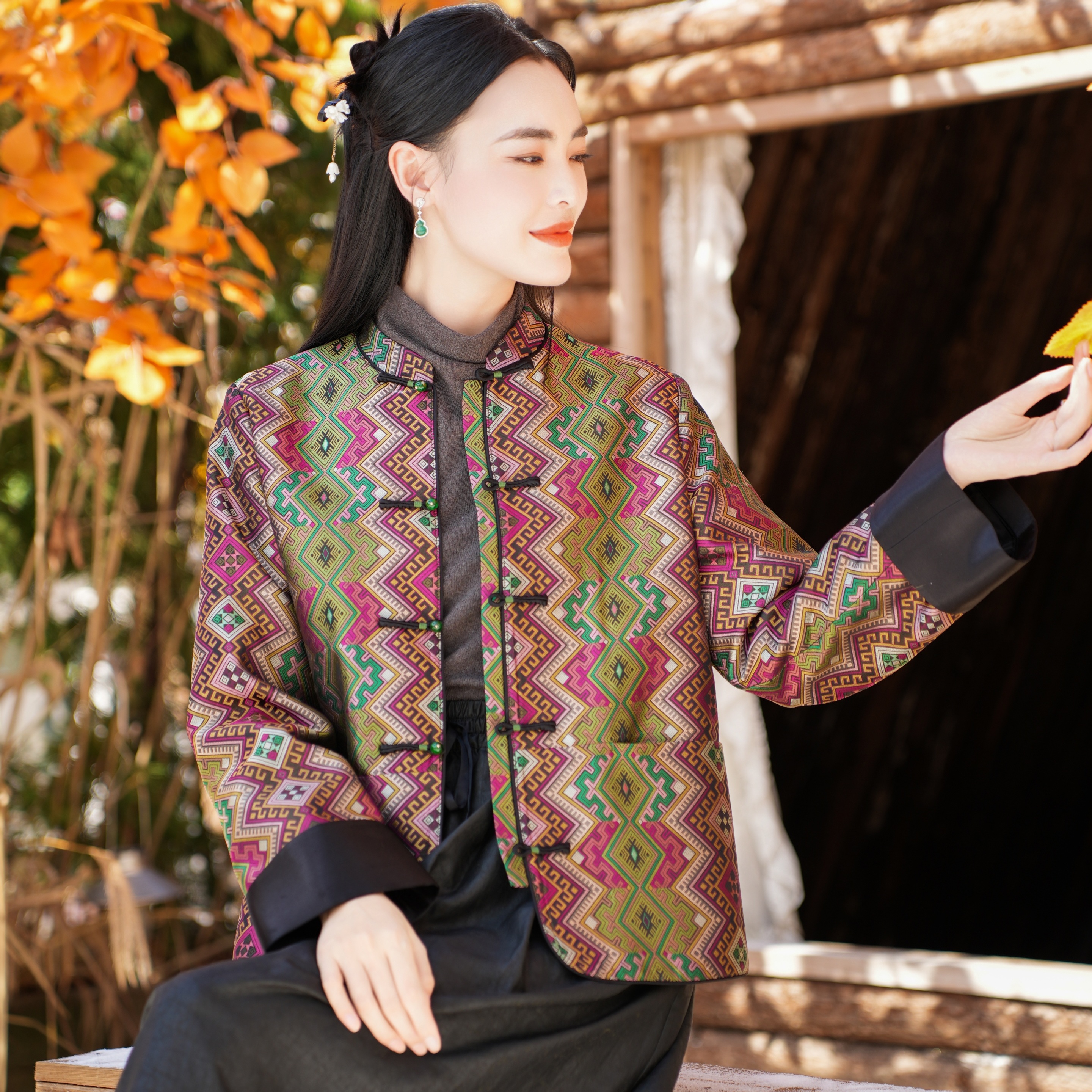 【36MM非遗壮锦】觅萝香原创设计 对襟一字珠扣翻长袖 中式外套女