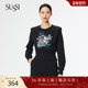 商场同款 SUSSI 古色23春新品 黑色百搭绣花圆领垫肩休闲卫衣上衣