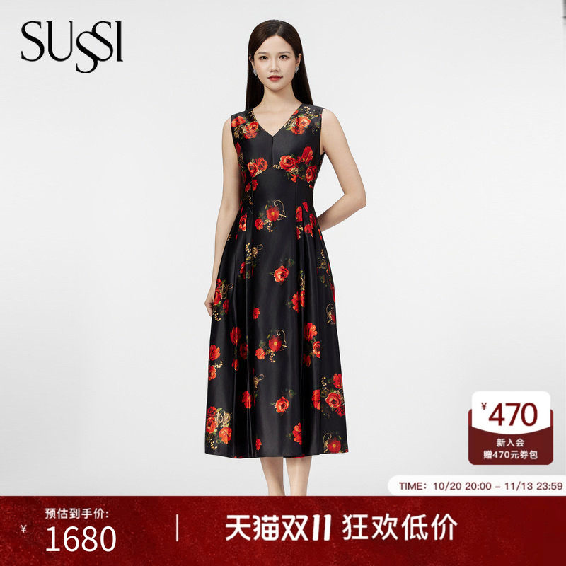 SUSSI/古色商场同款夏黑底红花无袖经典X型连衣裙