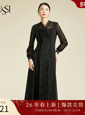 SUSSI/古色22秋季新品商场同款黑色印花V领泡泡长袖中长款连衣裙