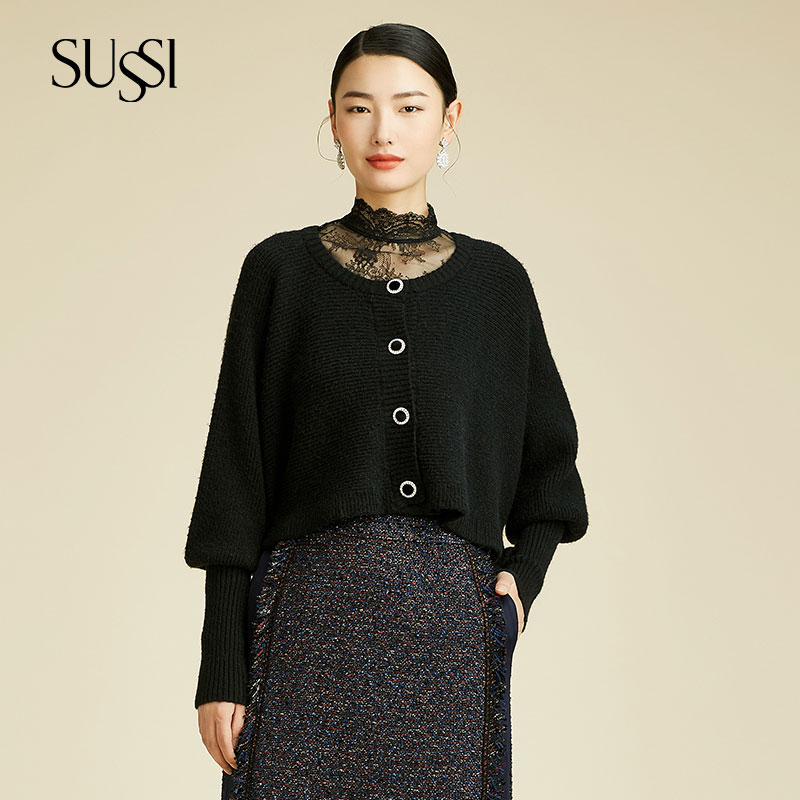 黑色一排扣蝙蝠袖针织毛衣外套女