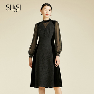 SUSSI/古色秋季新品商场同款黑色立领泡泡长袖中长款连衣裙女