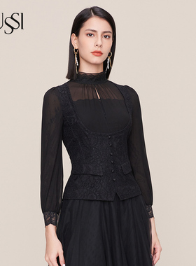 SUSSI/古色春秋商场同款黑色短款蕾丝衫长袖上衣女11AV4040070
