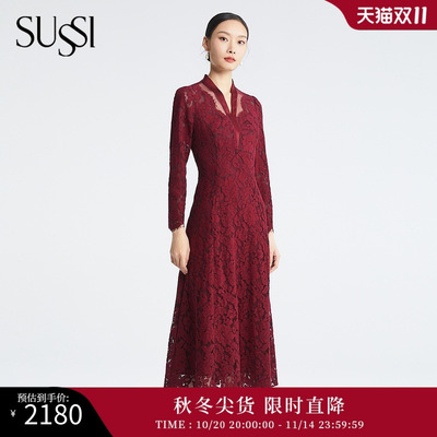 SUSSI/古色24秋季新品商场同款酒红红装喜婆婆蕾丝收腰连衣裙女