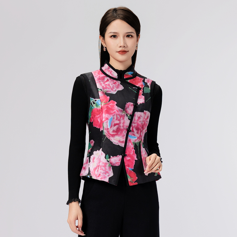 SUSSI/古色24冬季新品粉色中式立领繁华百搭印花棉马甲女装