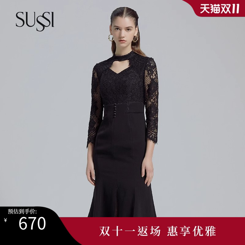 古色25春季新品黑色蕾丝连衣裙