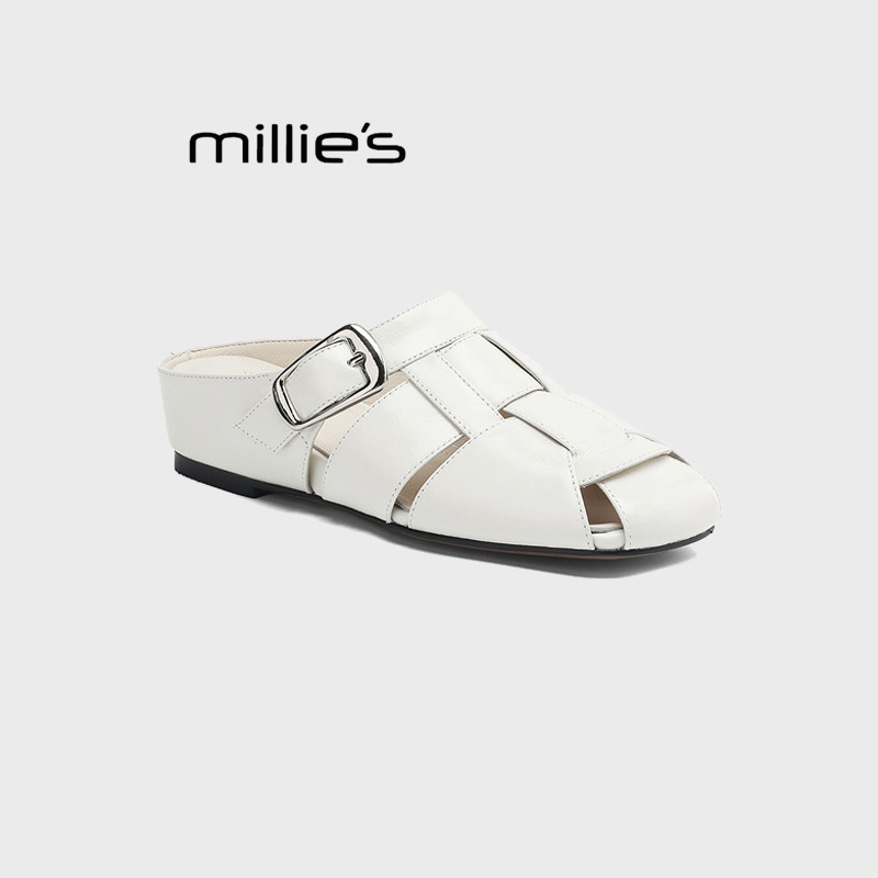MILLIE'S/妙丽方头平底一脚蹬百搭皮带扣凉拖鞋2026夏季新款女鞋