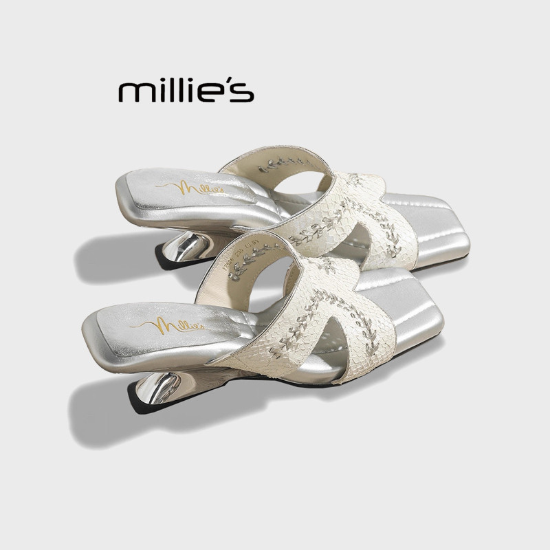 MILLIE'S/妙丽2025新款女鞋坡跟编织方头凉拖鞋女外穿一字拖露趾,女鞋,一字拖,淘宝优惠券,粉丝福利购,淘宝优惠卷