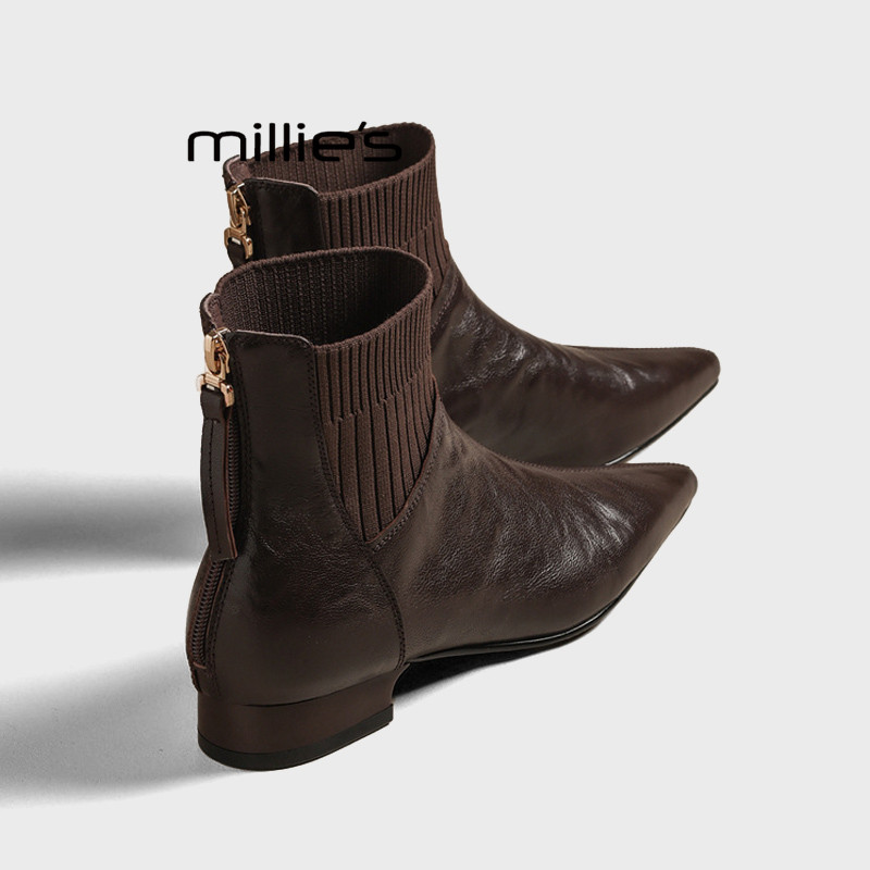 MILLIE'S/妙丽软皮软底2026新款真皮短靴女士单靴子秋冬季及踝靴