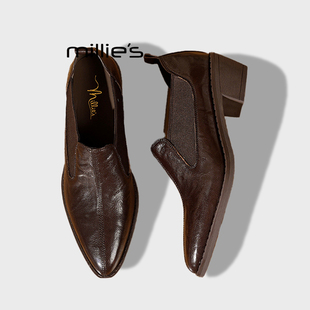 一脚蹬不累脚英伦风切尔西靴 妙丽真皮粗跟尖头短靴女款 MILLIE