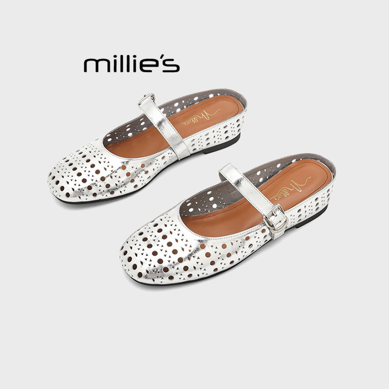 MILLIE'S/妙丽2025新款女平底一字带单鞋复古风镂空浅口玛丽珍鞋,女鞋,包头拖,淘宝优惠券,粉丝福利购,淘宝优惠卷