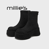 MILLIE 妙丽黑色满钻厚底短靴女弹力瘦瘦机车靴秋冬加绒弹力靴Z