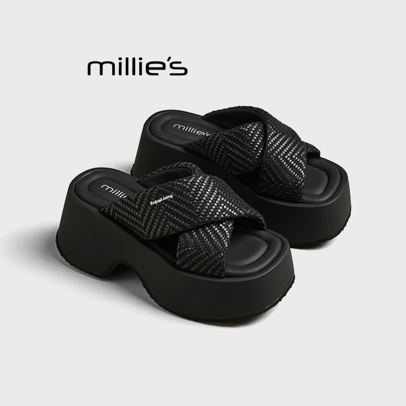 MILLIE'S/妙丽厚底凉鞋女夏季外穿2025新款法式高级感水钻凉鞋