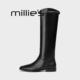 MILLIE 不过膝方头粗跟平底斜口靴百搭骑士靴长筒靴春 新款 妙丽
