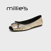 妙丽金色蝴蝶结平底雨鞋 一脚蹬小香风春季 MILLIE 浅口单鞋 女Z