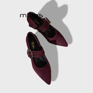 MILLIE'S/妙丽韩版尖头浅口单鞋女中跟百搭一字扣带时尚高跟鞋Z