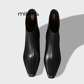 妙丽黑色短筒雨鞋 MILLIE 女通勤简约尖头平跟显瘦切尔西雨靴Z