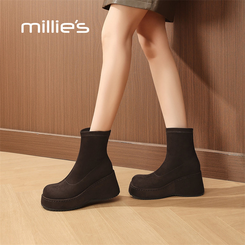 MILLIE'S/妙丽经典复古风及踝靴女款2026秋季新款百搭方头时装靴